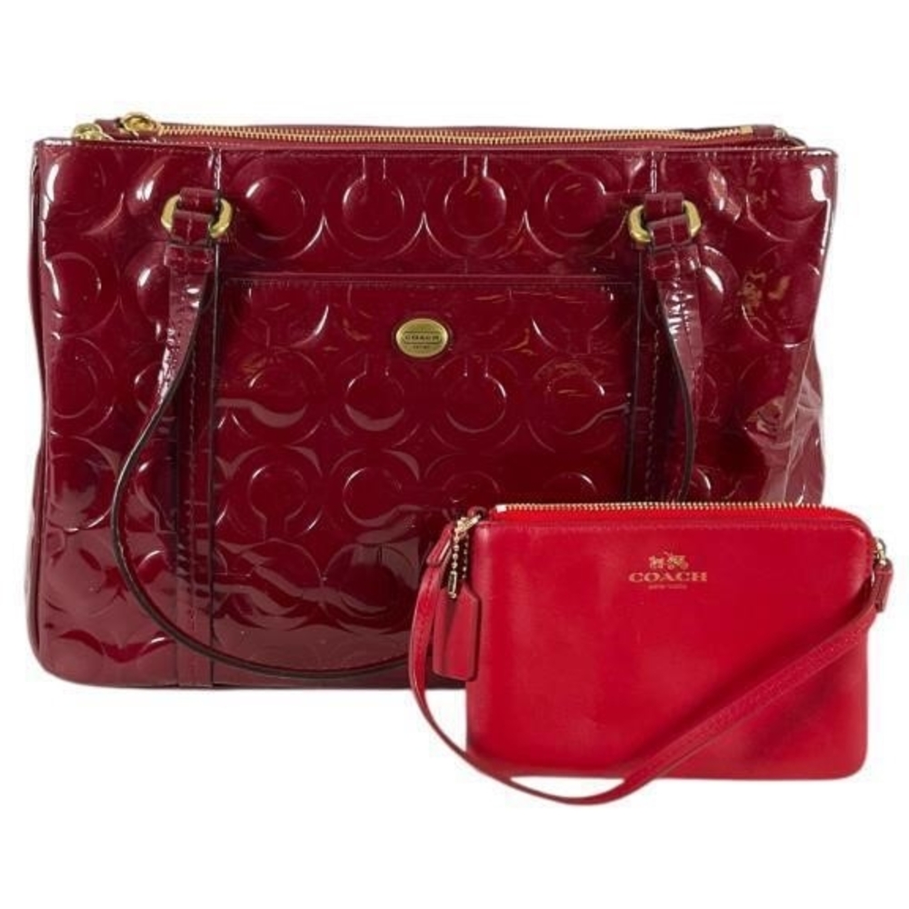 Coach Red Quilted Tote with Glossy Finish